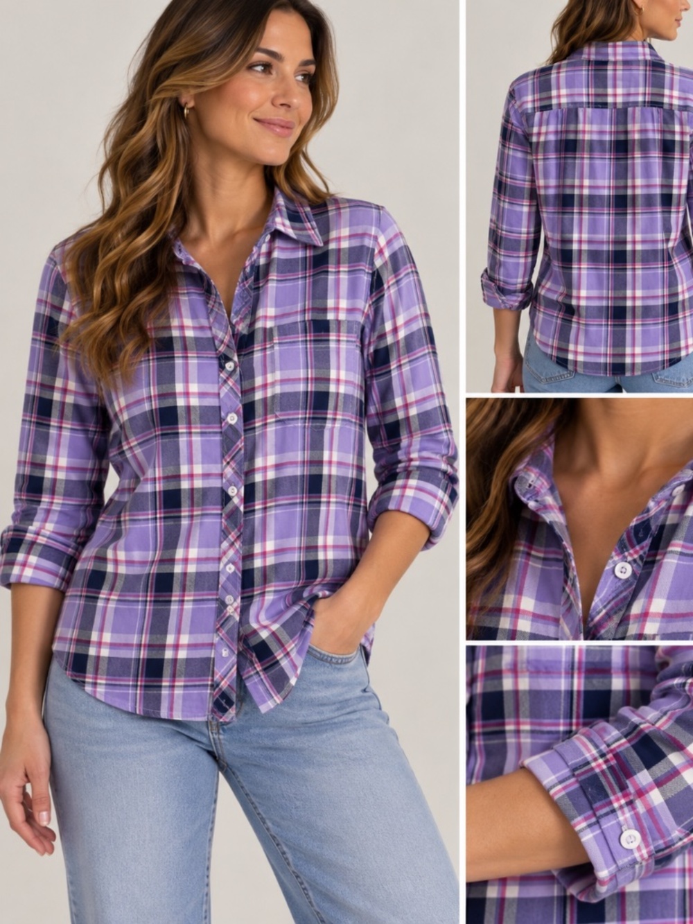 Talbots Women’s Purple Plaid Button Down Shirt XL Long Sleeve